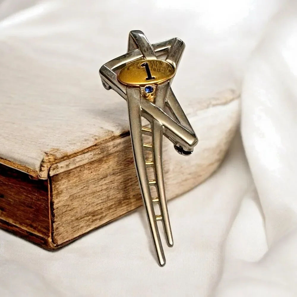 Unique Modernist Ladder Brooch – Sterling Silver & Gold Tone, Blue Gem Accent
